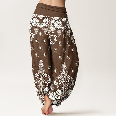 Buddha Stones Pure Cotton White Paisley Floral Pattern Women's Elastic Waist Harem Pants - image 1