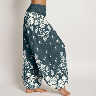 Buddha Stones Pure Cotton White Paisley Floral Pattern Women's Elastic Waist Harem Pants - image 7