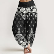 Foviel Pure Cotton White Paisley Floral Pattern Women's Elastic Waist Harem Pants