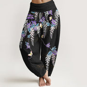 Foviel Pure Cotton Wisteria Butterfly Pattern Women's Elastic Waist Harem Pants