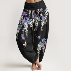 Buddha Stones Pure Cotton Wisteria Butterfly Pattern Women's Elastic Waist Harem Pants - Black - US16，UK/AU20，EU48 (3XL) - image 0