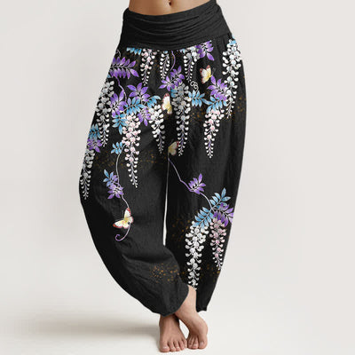 Buddha Stones Pure Cotton Wisteria Butterfly Pattern Women's Elastic Waist Harem Pants - Black - US16，UK/AU20，EU48 (3XL) - image 0