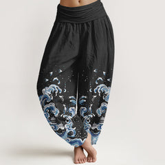 Buddha Stones Cotton Ocean Blue Wave Pattern Women's Elastic Waist Harem Pants - Black - US16，UK/AU20，EU48 (3XL) - image 0