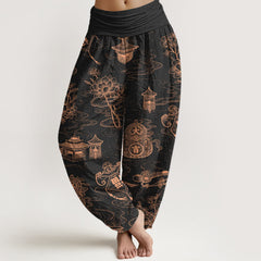 Buddha Stones Cotton Lotus Pavilion Gourd Pattern Women's Elastic Waist Harem Pants - Black - US16，UK/AU20，EU48 (3XL) - image 0