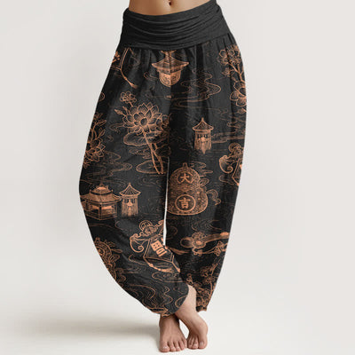 Buddha Stones Cotton Lotus Pavilion Gourd Pattern Women's Elastic Waist Harem Pants - Black - US16，UK/AU20，EU48 (3XL) - image 0