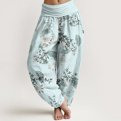 Buddha Stones Cotton Bamboo Blossom Fan Pattern Women's Elastic Waist Harem Pants - PaleTurquoise - US16，UK/AU20，EU48 (3XL) - image 0