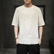 Foviel Summer Casual Minimalist Solid Crew Neck Linen Men's Short Sleeve T-Shirts