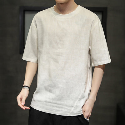Buddha Stones Summer Casual Minimalist Solid Crew Neck Linen Men's Short Sleeve T-Shirts - image 23