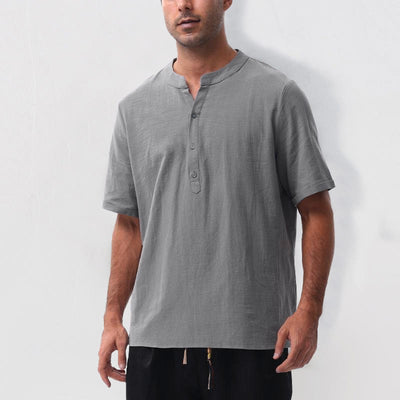 Buddha Stones Summer Casual Mandarin Collar Solid Half Buttons Cotton Linen Men's Short Sleeve Shirts - image 6