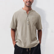 Foviel Summer Casual Mandarin Collar Solid Half Buttons Cotton Linen Men's Short Sleeve Shirts