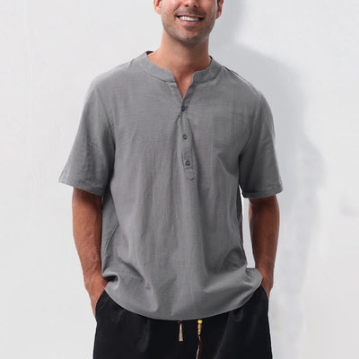 Buddha Stones Summer Casual Mandarin Collar Solid Half Buttons Cotton Linen Men's Short Sleeve Shirts - Gray - US/UK/AU50，EU60 (5XL) - image 0