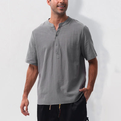 Buddha Stones Summer Casual Mandarin Collar Solid Half Buttons Cotton Linen Men's Short Sleeve Shirts - image 4