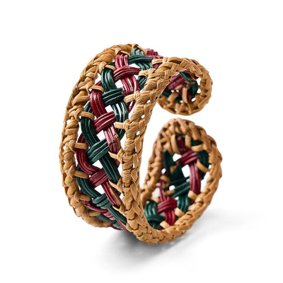 Buddha Stones Natural Rattan Hand-Woven Bohemian Wide Round Cuff Bracelet - Ratten(Balance ♥ Grounding) - image 0