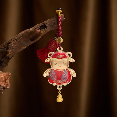 Buddha Stones Song Brocade Handmade Chinese Zodiac Tassel Lucky Keychain - Goat - Red - Song Brocade (Prosperity♥Harmony) - image 0