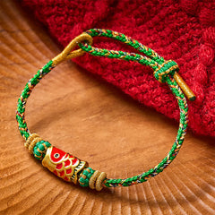 Buddha Stones Koi Fish Luck Hand-Woven String Bracelet - Green With Koi Fish Accessory - image 0