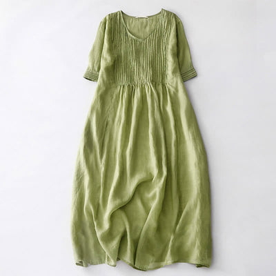 Buddha Stones Casual Accordion Pleat Plain V-neck Short Sleeve Midi Dress With Pockets - image 11
