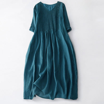 Buddha Stones Casual Accordion Pleat Plain V-neck Short Sleeve Midi Dress With Pockets - SteelBlue - US14，UK/AU18，EU46 (2XL) - image 34