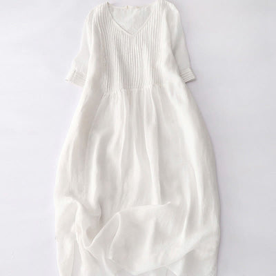 Buddha Stones Casual Accordion Pleat Plain V-neck Short Sleeve Midi Dress With Pockets - OldLace - US14，UK/AU18，EU46 (2XL) - image 41