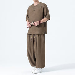Buddha Stones 2Pcs Summer Tang Style Frog Button Solid Short Sleeve Shirt Harem Pants Men's Meditation Cloth With Pockets - Peru - US/UK/AU46，EU56 (5XL) - image 0