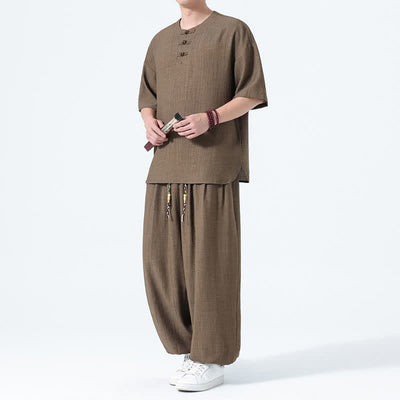 Buddha Stones 2Pcs Summer Tang Style Frog Button Solid Short Sleeve Shirt Harem Pants Men's Meditation Cloth With Pockets - Peru - US/UK/AU46，EU56 (5XL) - image 0