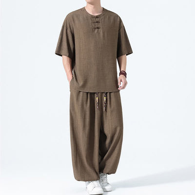 Buddha Stones 2Pcs Summer Tang Style Frog Button Solid Short Sleeve Shirt Harem Pants Men's Meditation Cloth With Pockets - image 5