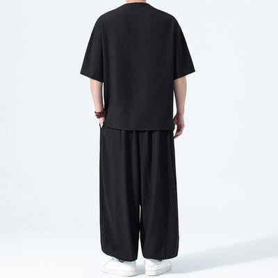 Buddha Stones 2Pcs Summer Tang Style Frog Button Solid Short Sleeve Shirt Harem Pants Men's Meditation Cloth With Pockets - image 9