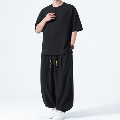 Buddha Stones 2Pcs Summer Tang Style Frog Button Solid Short Sleeve Shirt Harem Pants Men's Meditation Cloth With Pockets - image 11