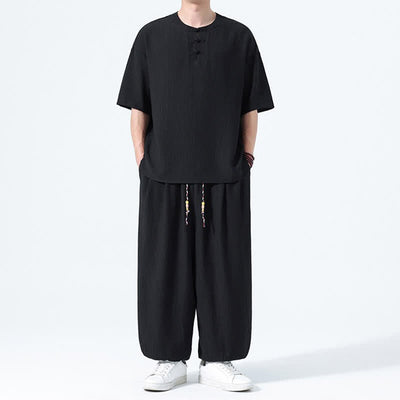 Buddha Stones 2Pcs Summer Tang Style Frog Button Solid Short Sleeve Shirt Harem Pants Men's Meditation Cloth With Pockets - image 7