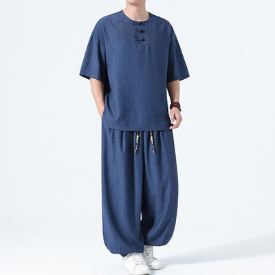 Buddha Stones 2Pcs Summer Tang Style Frog Button Solid Short Sleeve Shirt Harem Pants Men's Meditation Cloth With Pockets - image 14