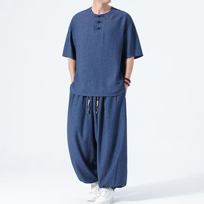 Buddha Stones 2Pcs Summer Tang Style Frog Button Solid Short Sleeve Shirt Harem Pants Men's Meditation Cloth With Pockets - image 18