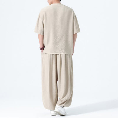 Buddha Stones 2Pcs Summer Tang Style Frog Button Solid Short Sleeve Shirt Harem Pants Men's Meditation Cloth With Pockets - image 23