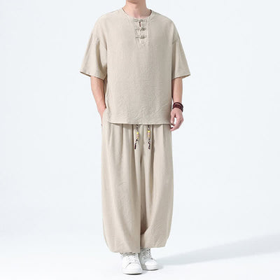 Buddha Stones 2Pcs Summer Tang Style Frog Button Solid Short Sleeve Shirt Harem Pants Men's Meditation Cloth With Pockets - image 21