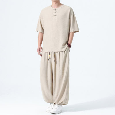 Buddha Stones 2Pcs Summer Tang Style Frog Button Solid Short Sleeve Shirt Harem Pants Men's Meditation Cloth With Pockets - image 24