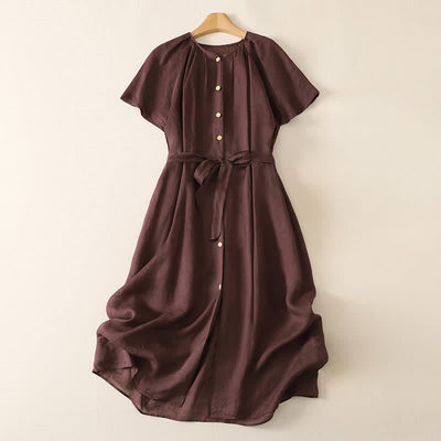 Buddha Stones Summer Vintage Button-Up Solid Women's Short Sleeve Midi Dress With Pockets - Maroon - US14，UK/AU18，EU46 (2XL) - image 0