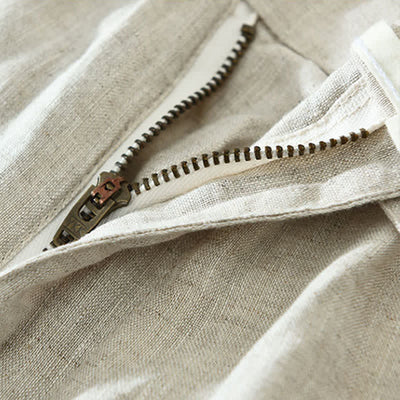 Buddha Stones Summer Casual Minimalist Drawstring Zipper Design Solid Linen Men's Shorts With Pockets - image 6