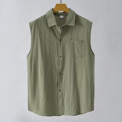 Buddha Stones Summer Casual Minimalist Button-Up Solid Men's Sleeveless Shirts - OliveDrab - US/UK/AU44，EU54 (3XL) - image 8