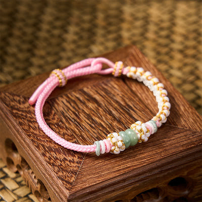 Buddha Stones Handmade Braided Chinese Knotting Peach Blossoms Jade Luck Adjustable Bracelet - image 18