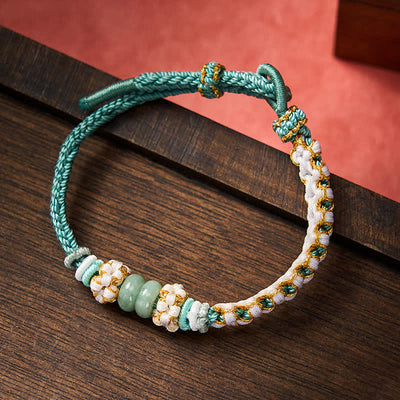 Buddha Stones Handmade Braided Chinese Knotting Peach Blossoms Jade Luck Adjustable Bracelet - Green - 15-20cm - image 32