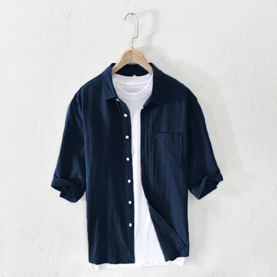 Buddha Stones Summer Casual Minimalist Button-Up Solid Cotton Linen Men's Short Sleeve Shirts With Pocket - Navy - US/UK/AU44，EU54 (3XL) - image 14