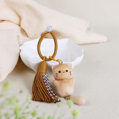 Buddha Stones Beech Wood Lucky Cat Handmade Tassel Keychains - Orange String - Beech Wood (Clarity ♥ Grounding Energy) - image 6