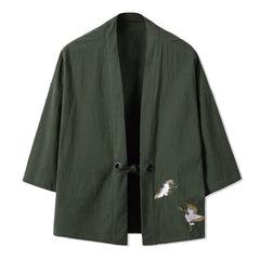 Buddha Stones Fall Casual Vintage Embroidery Crane Cotton Linen Men's Kimonos - DarkOliveGreen - US/UK/AU48，EU58(5XL) - image 0