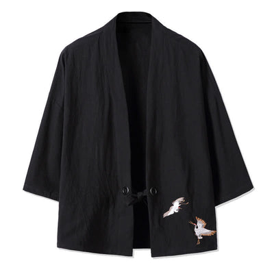 Buddha Stones Fall Casual Vintage Embroidery Crane Cotton Linen Men's Kimonos - Black - US/UK/AU48，EU58(5XL) - image 6