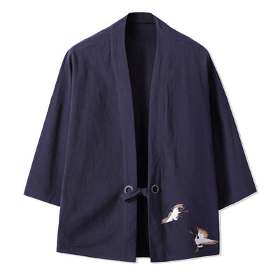 Buddha Stones Fall Casual Vintage Embroidery Crane Cotton Linen Men's Kimonos - MidnightBlue - US/UK/AU48，EU58(5XL) - image 10