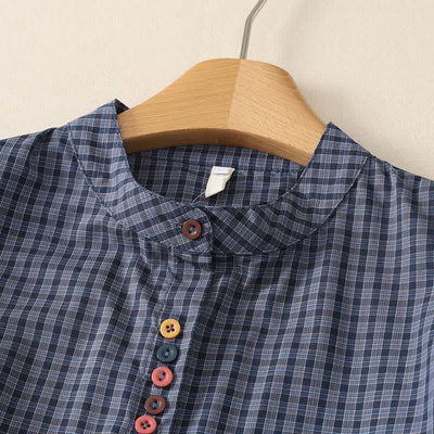 Buddha Stones Summer Casual Vintage Mandarin Collar Button-Up Plaid Women's Short Sleeve Shirts With Pocket - image 2