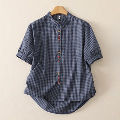 Buddha Stones Summer Casual Vintage Mandarin Collar Button-Up Plaid Women's Short Sleeve Shirts With Pocket - SlateGray - US12，UK/AU16，EU44 (2XL) - image 0