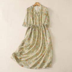 Buddha Stones Summer Boho Drawstring Floral Women's Short Sleeve Dress With Pocket - LemonChiffon - US12，UK/AU16，EU44 (2XL) - image 0