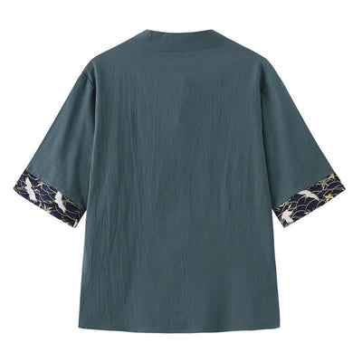 Buddha Stones Summer Tang Style Vintage Frog Button Crane Men's Short Sleeve Shirts - image 1