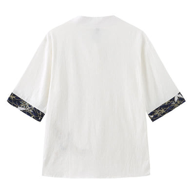 Buddha Stones Summer Tang Style Vintage Frog Button Crane Men's Short Sleeve Shirts - image 3