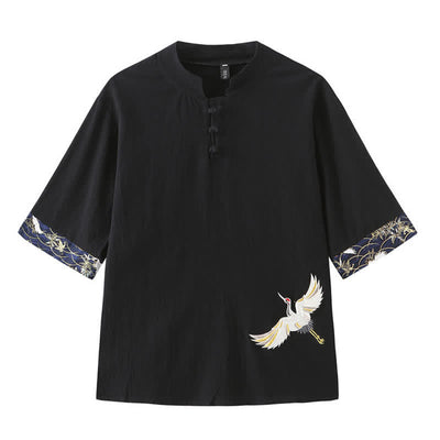 Buddha Stones Summer Tang Style Vintage Frog Button Crane Men's Short Sleeve Shirts - Black - US/UK/AU46，EU56 (5XL) - image 10