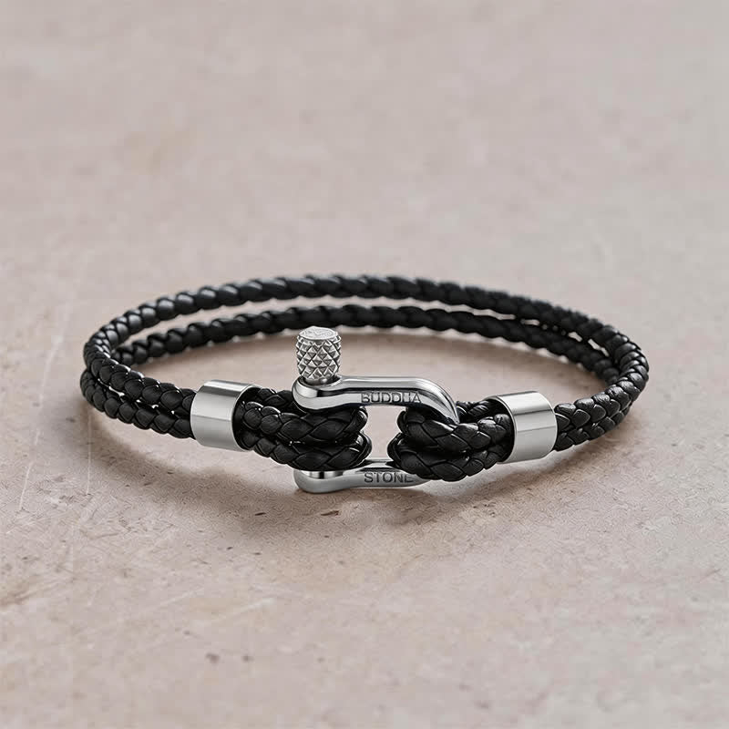 Buddha Stones Titanium Steel Shackle Leather Double Wrap Stimulation Bracelet - Black Rope Silvery Buckle - Wrist Circumference:7.9–8.2 in (20–21 cm) - image 9